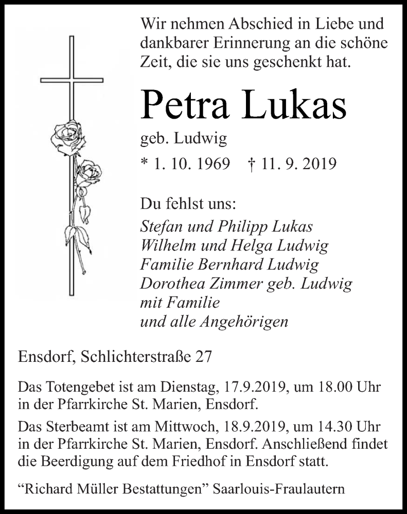  Traueranzeige für Petra Lukas vom 14.09.2019 aus saarbruecker_zeitung