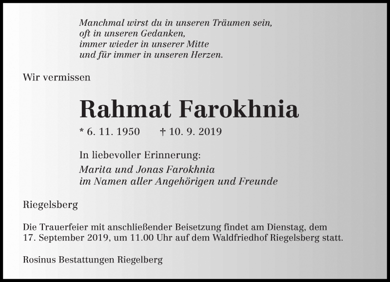  Traueranzeige für Rahmat Farokhnia vom 14.09.2019 aus saarbruecker_zeitung