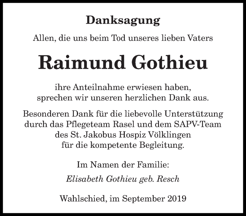  Traueranzeige für Raimund Gothieu vom 28.09.2019 aus saarbruecker_zeitung