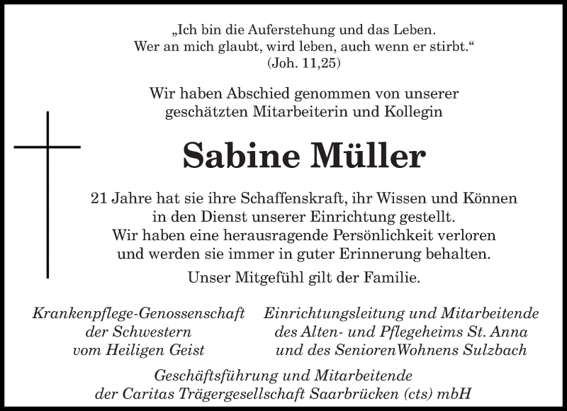  Traueranzeige für Sabine Müller vom 28.09.2019 aus saarbruecker_zeitung