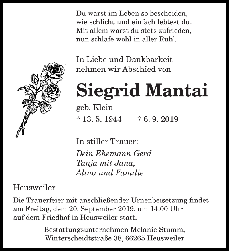  Traueranzeige für Siegrid Mantai vom 14.09.2019 aus saarbruecker_zeitung