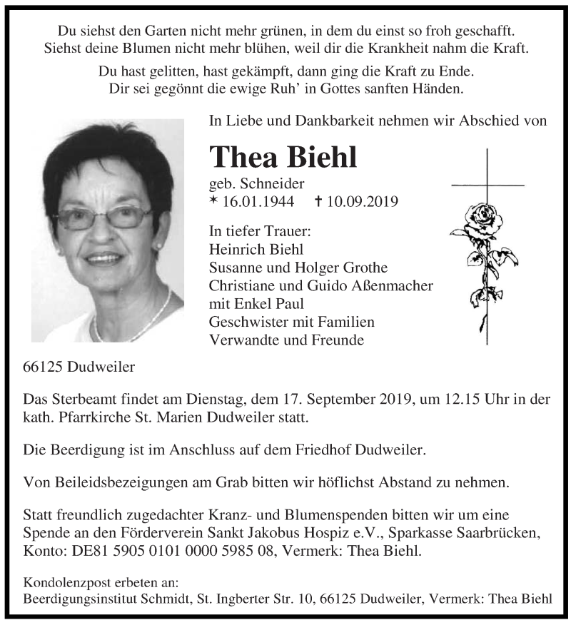  Traueranzeige für Thea Biehl vom 14.09.2019 aus saarbruecker_zeitung