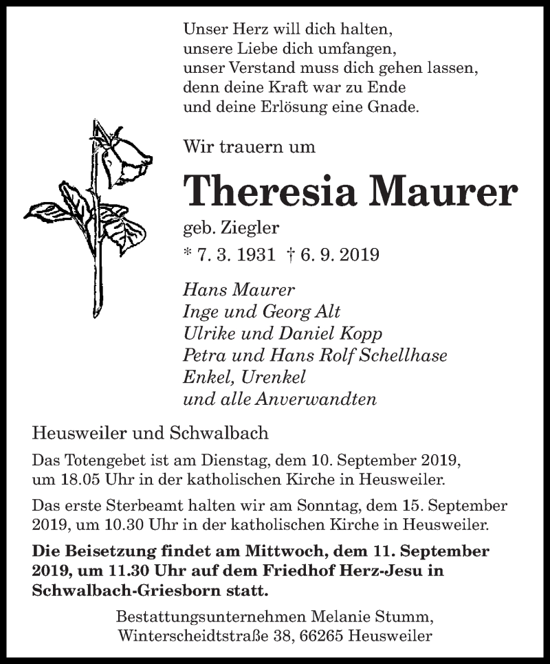  Traueranzeige für Theresia Maurer vom 09.09.2019 aus saarbruecker_zeitung