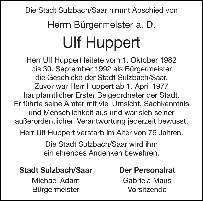  Traueranzeige für Ulf Huppert vom 14.09.2019 aus saarbruecker_zeitung