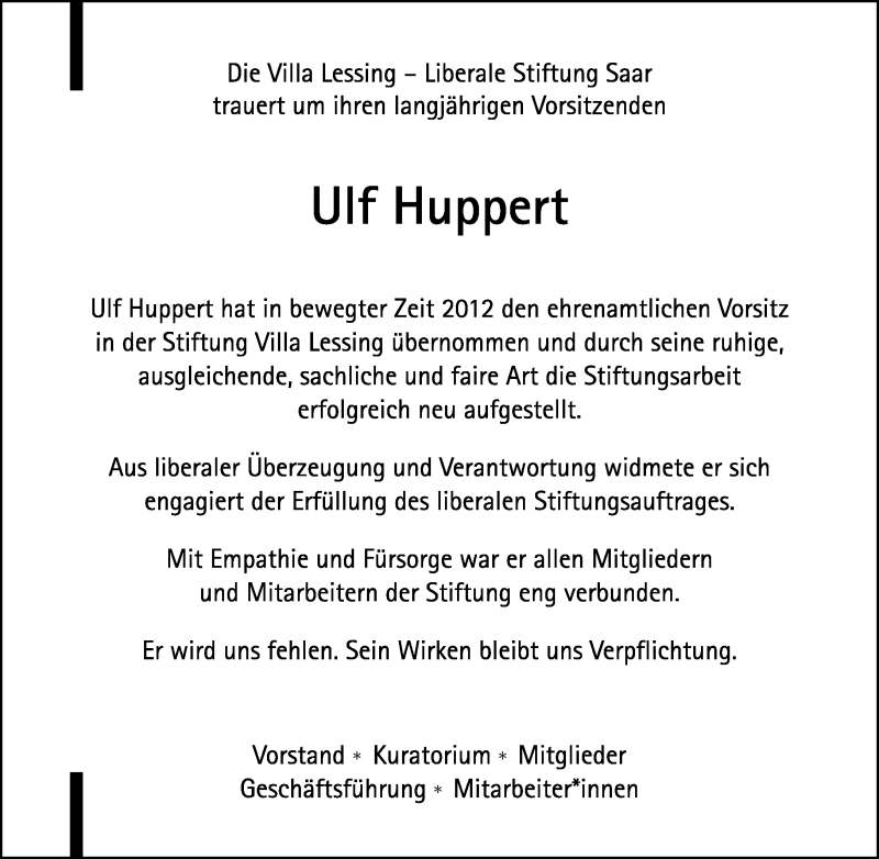  Traueranzeige für Ulf Huppert vom 14.09.2019 aus saarbruecker_zeitung