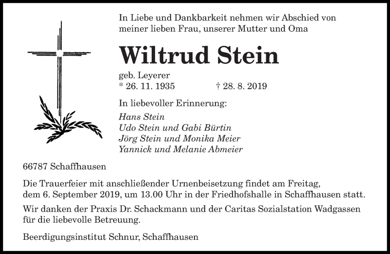  Traueranzeige für Wiltrud Stein vom 31.08.2019 aus saarbruecker_zeitung