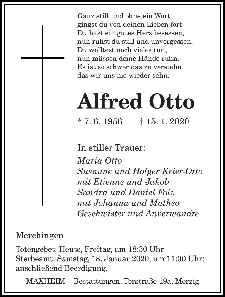  Traueranzeige für Alfred Otto vom 17.01.2020 aus saarbruecker_zeitung
