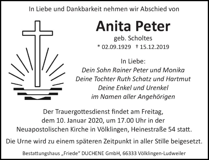  Traueranzeige für Anita Peter vom 04.01.2020 aus saarbruecker_zeitung