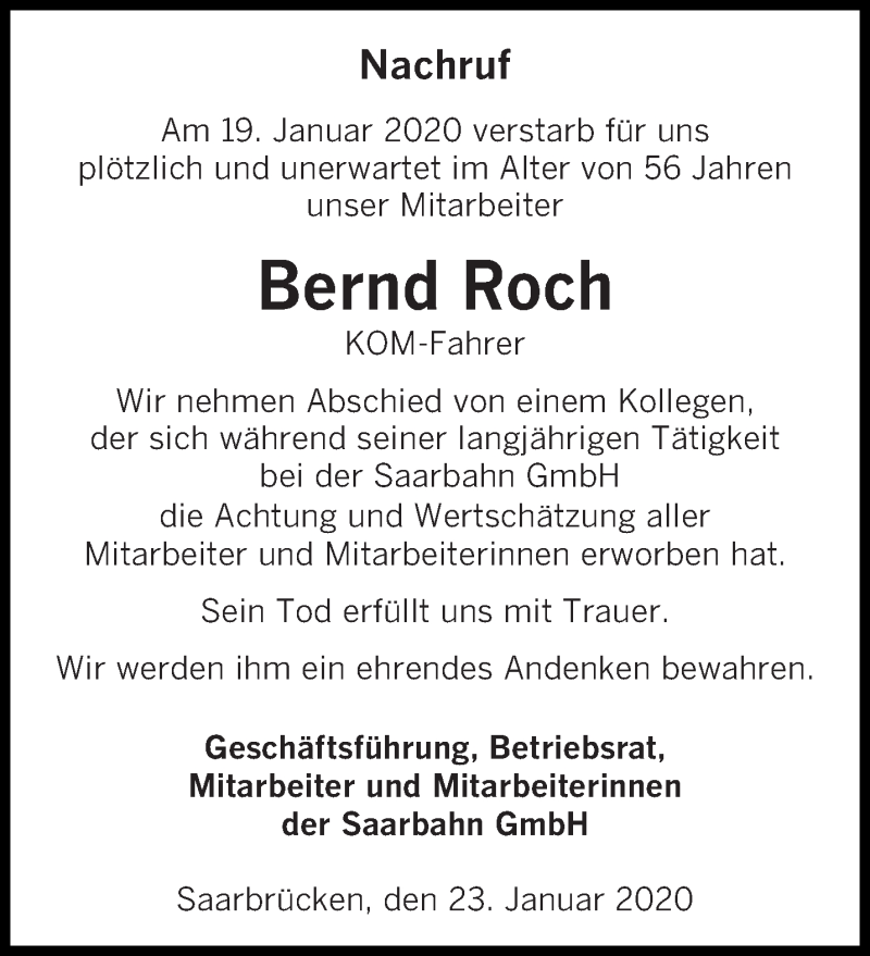  Traueranzeige für Bernd Roch vom 25.01.2020 aus saarbruecker_zeitung