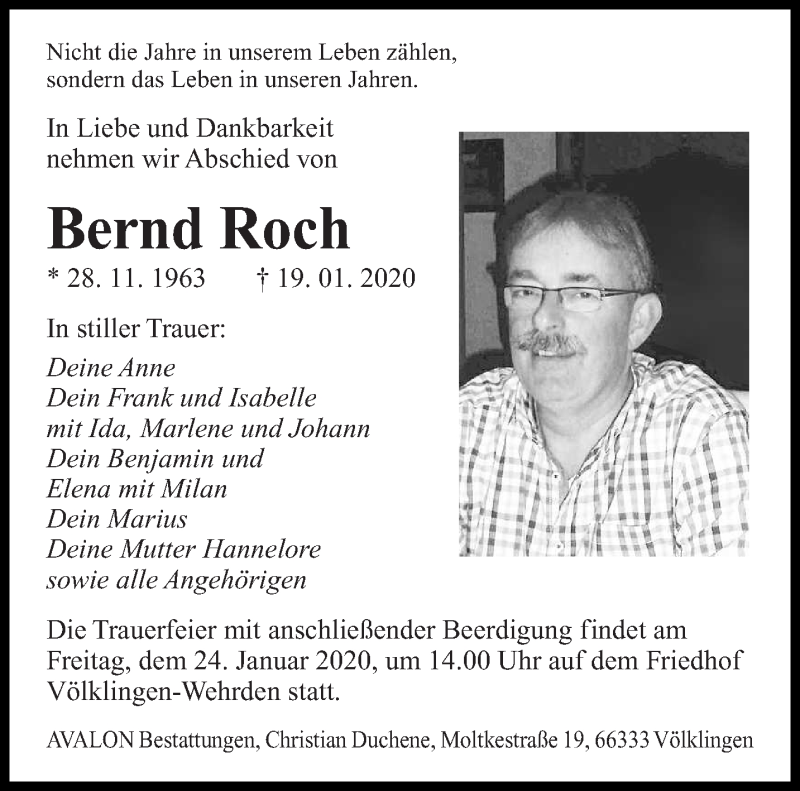  Traueranzeige für Bernd Roch vom 22.01.2020 aus saarbruecker_zeitung