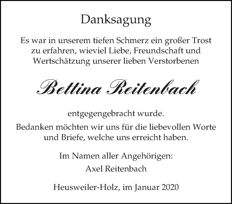  Traueranzeige für Bettina Reitenbach vom 11.01.2020 aus saarbruecker_zeitung