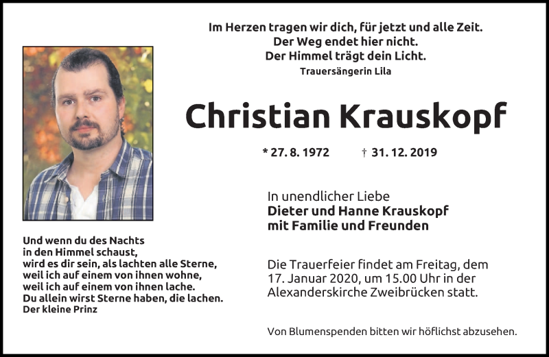  Traueranzeige für Christian Krauskopf vom 15.01.2020 aus saarbruecker_zeitung