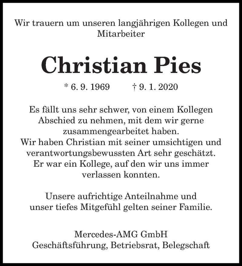  Traueranzeige für Christian Pies vom 18.01.2020 aus saarbruecker_zeitung