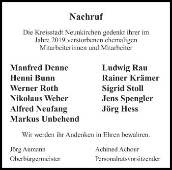 Traueranzeige von Die Kreisstadt Neunkirchen gedenkt ihrer im Jahr 2019 verstorbenen ehemaligen Mitarbeiterinnen und Mitarbeiter von saarbruecker_zeitung