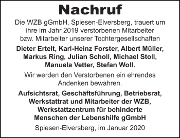 Traueranzeige von Die WZB gGmbH, Spiesen-Elversberg, trauert um ihre im Jahr 2019 verstorbenen Mitarbeiter von saarbruecker_zeitung