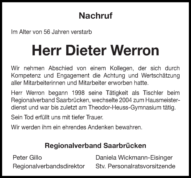  Traueranzeige für Dieter Werron vom 27.01.2020 aus saarbruecker_zeitung