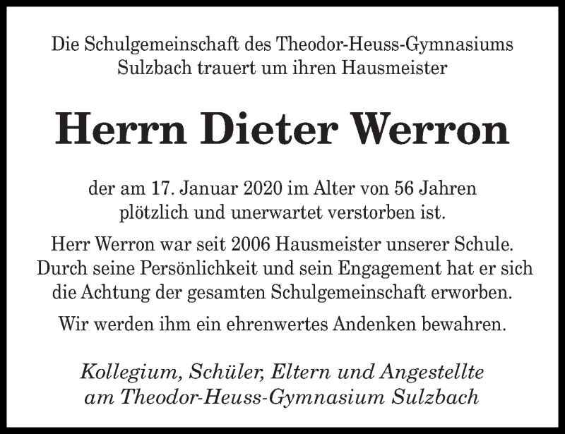  Traueranzeige für Dieter Werron vom 27.01.2020 aus saarbruecker_zeitung