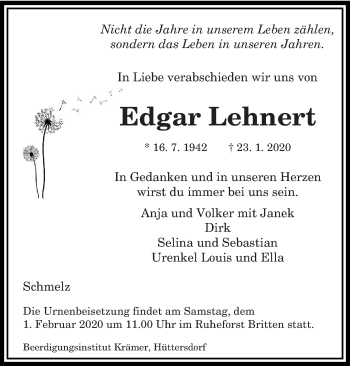 Traueranzeige von Edgar Lehnert von saarbruecker_zeitung