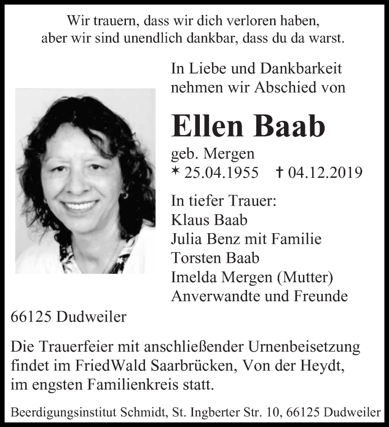  Traueranzeige für Ellen Baab vom 08.01.2020 aus saarbruecker_zeitung