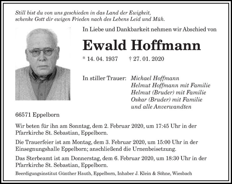  Traueranzeige für Ewald Hoffmann vom 29.01.2020 aus saarbruecker_zeitung