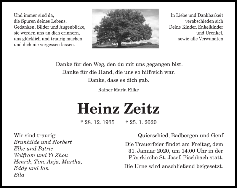  Traueranzeige für Heinz Zeitz vom 28.01.2020 aus saarbruecker_zeitung