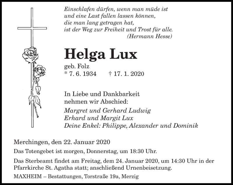  Traueranzeige für Helga Lux vom 22.01.2020 aus saarbruecker_zeitung