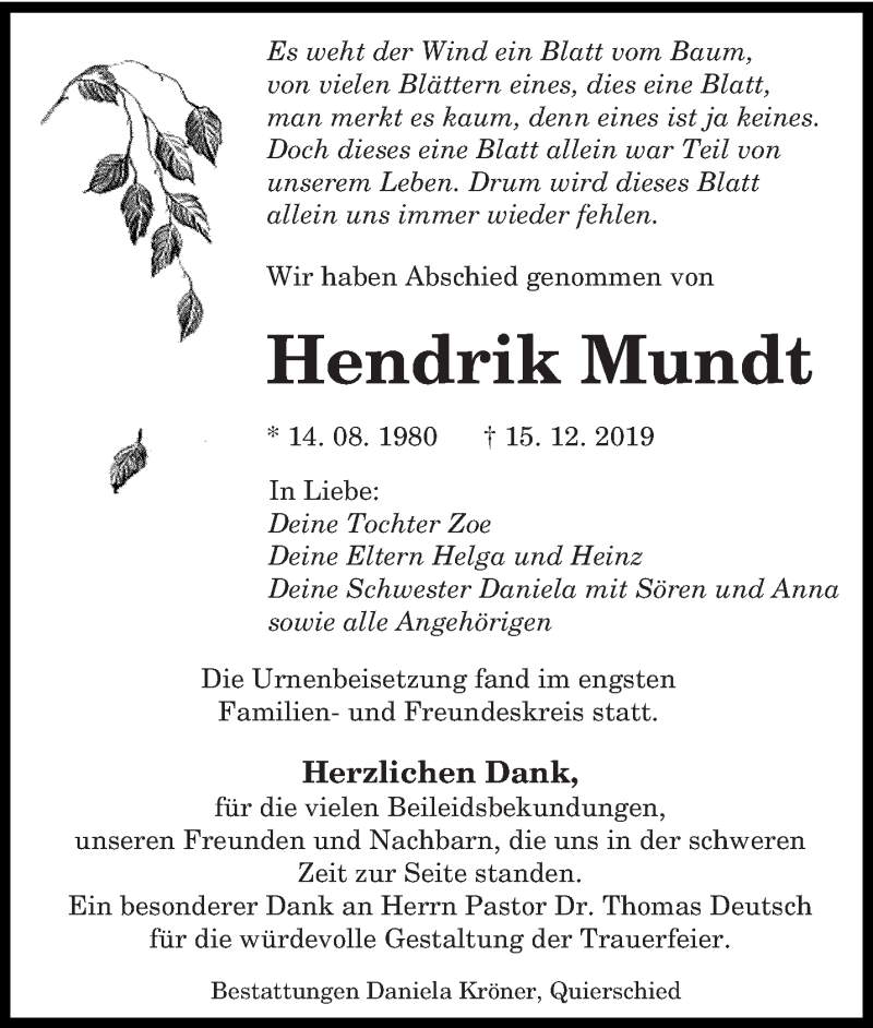  Traueranzeige für Hendrik Mundt vom 04.01.2020 aus saarbruecker_zeitung