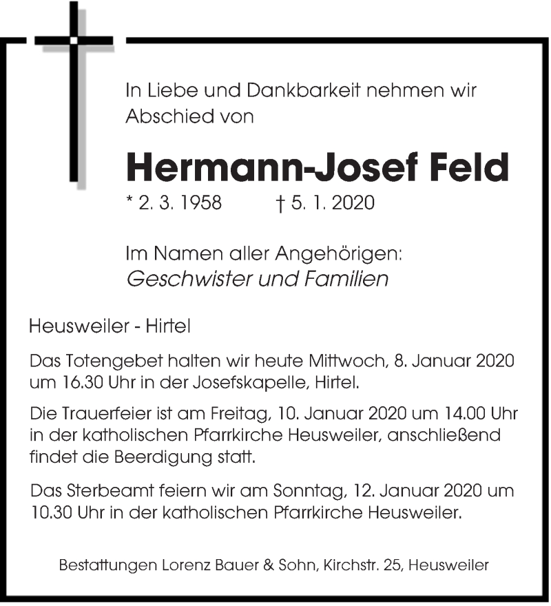 Traueranzeige für Hermann-Josef Feld vom 08.01.2020 aus saarbruecker_zeitung
