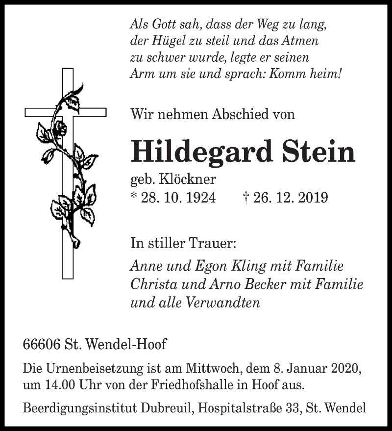  Traueranzeige für Hildegard Stein vom 04.01.2020 aus saarbruecker_zeitung