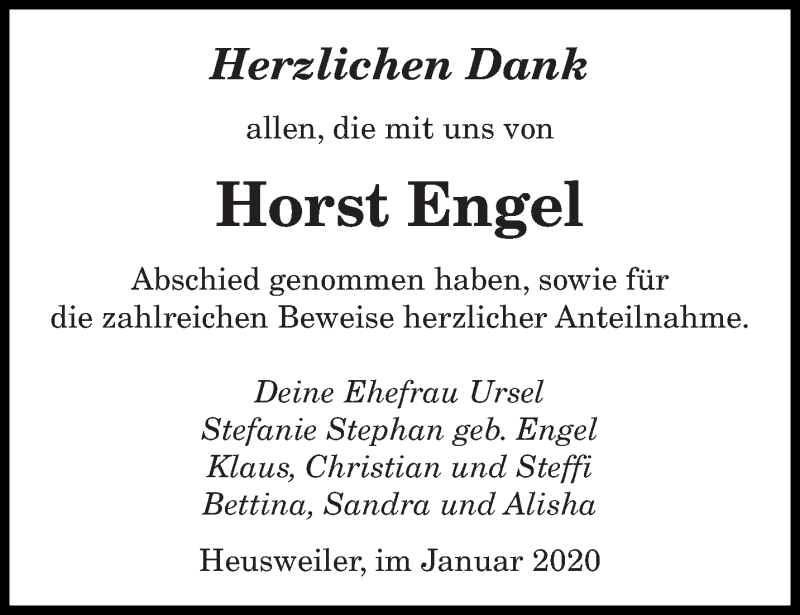  Traueranzeige für Horst Engel vom 08.01.2020 aus saarbruecker_zeitung