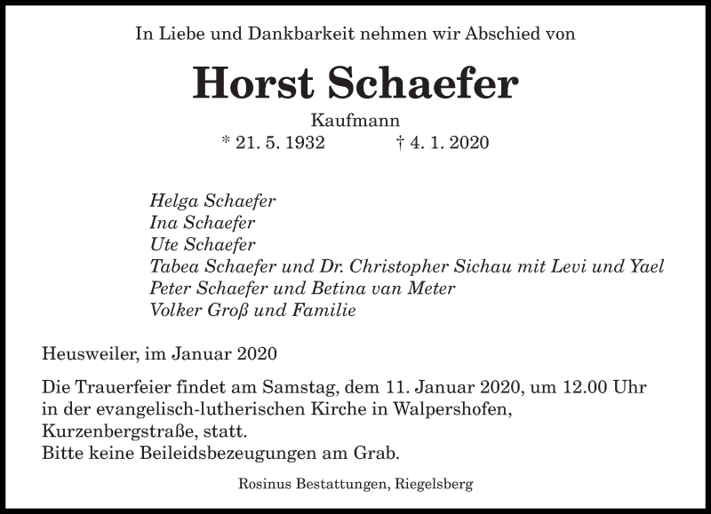  Traueranzeige für Horst Schaefer vom 08.01.2020 aus saarbruecker_zeitung