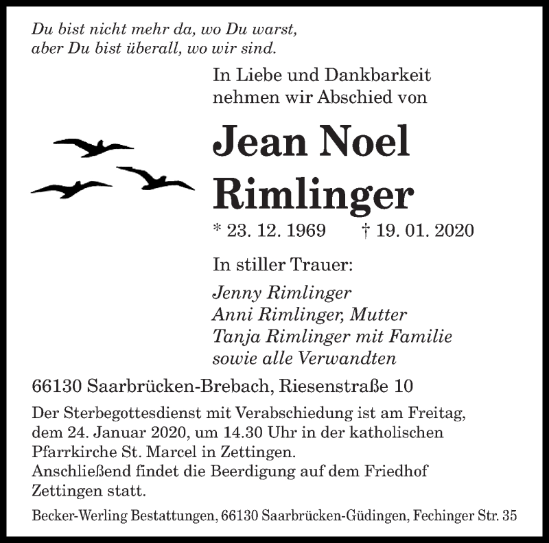 Traueranzeige für Jean Noel Rimlinger vom 23.01.2020 aus saarbruecker_zeitung