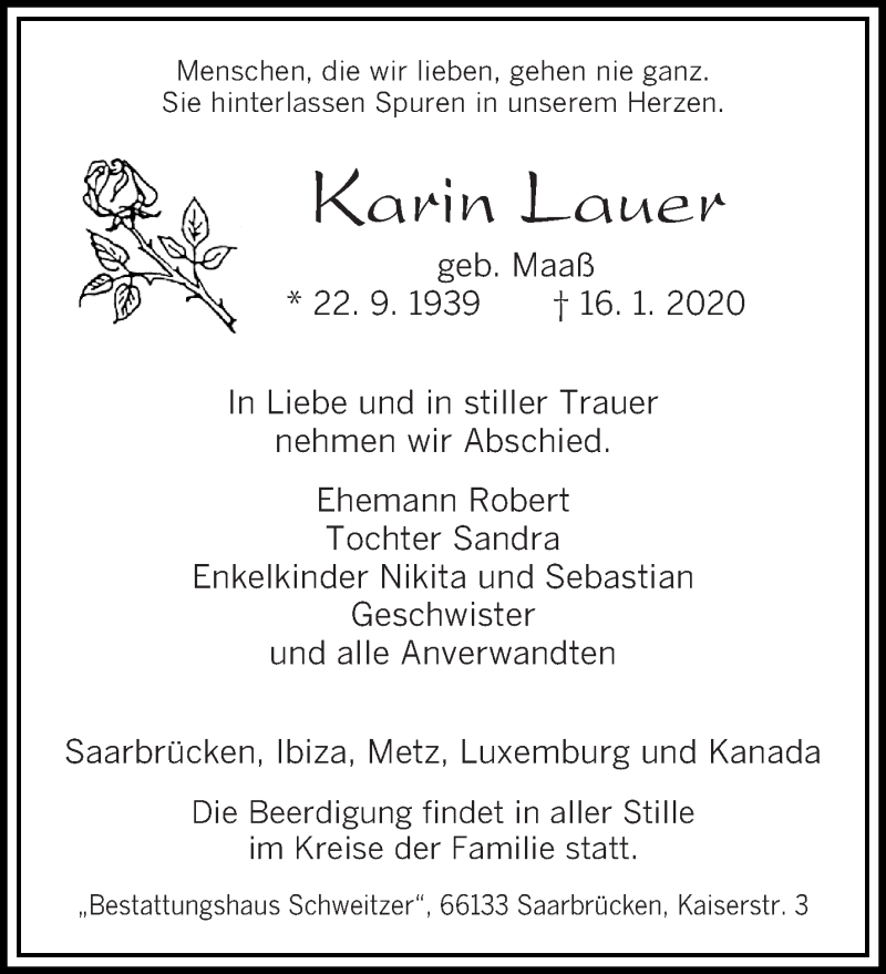  Traueranzeige für Karin Lauer vom 29.01.2020 aus saarbruecker_zeitung