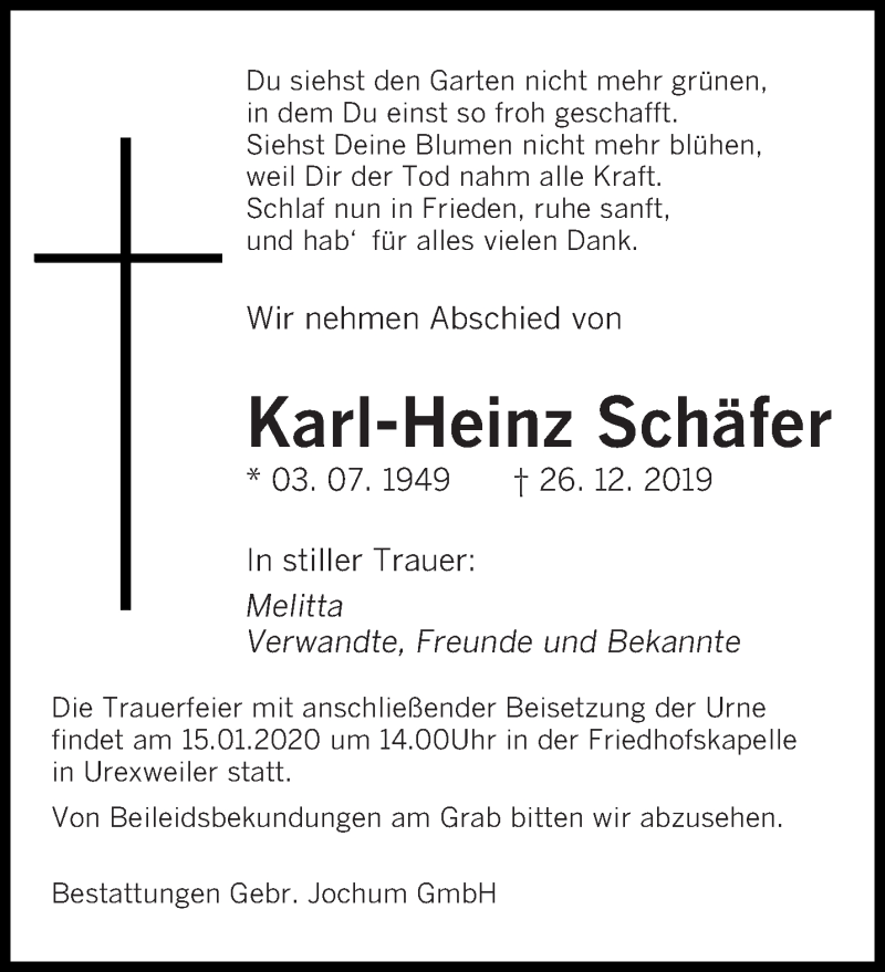  Traueranzeige für Karl-Heinz Schäfer vom 13.01.2020 aus saarbruecker_zeitung