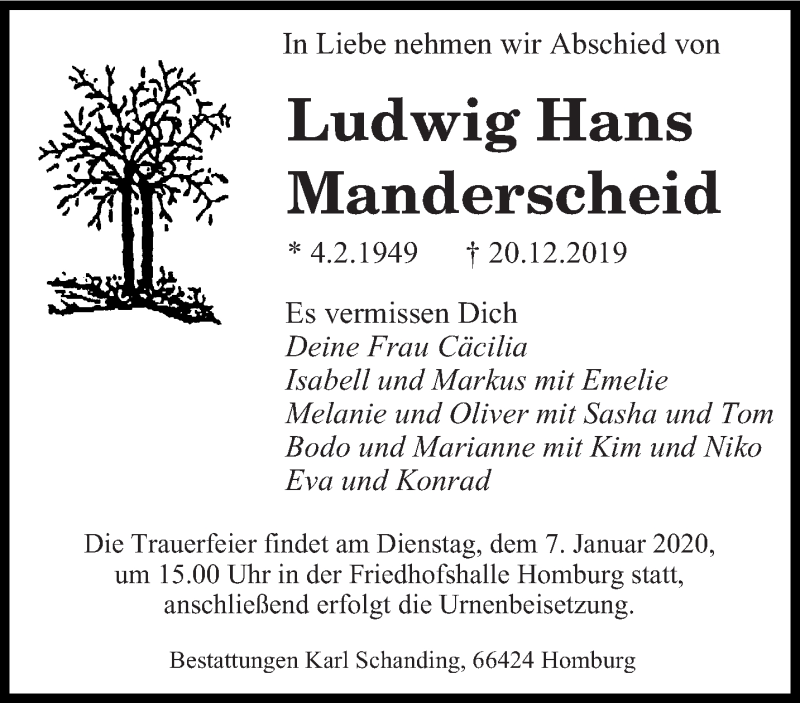  Traueranzeige für Ludwig Hans Manderscheid vom 02.01.2020 aus saarbruecker_zeitung