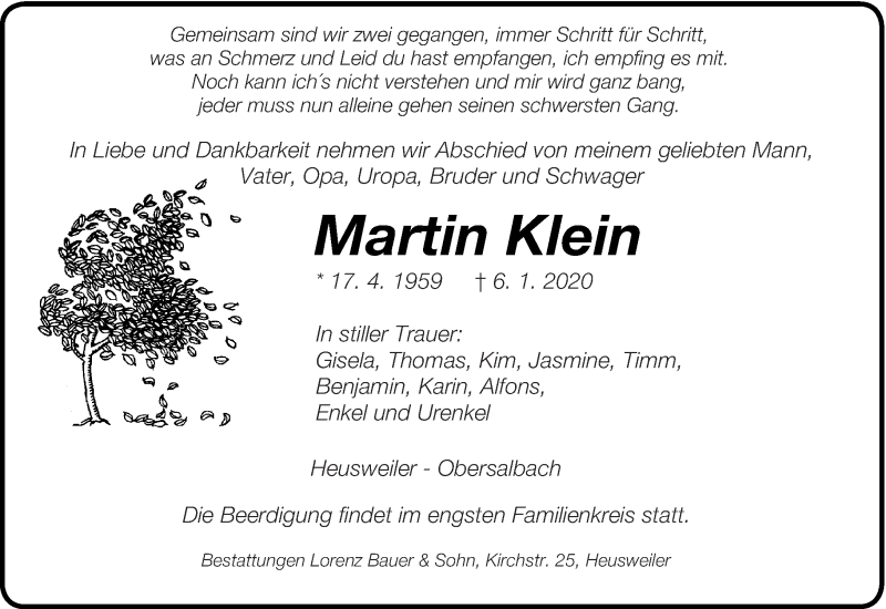  Traueranzeige für Martin Klein vom 18.01.2020 aus saarbruecker_zeitung