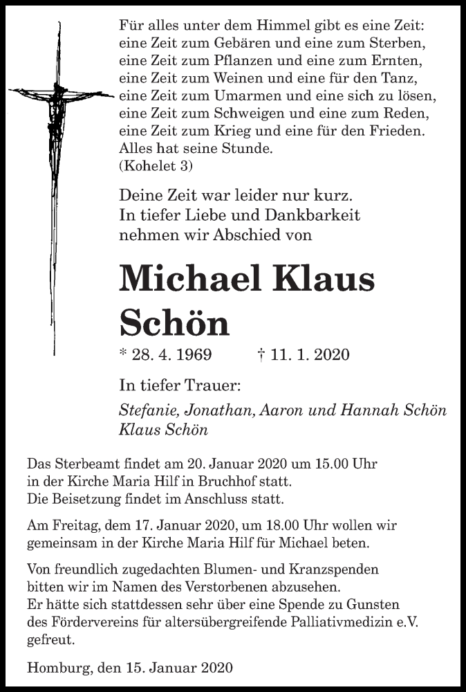  Traueranzeige für Michael Klaus Schön vom 15.01.2020 aus saarbruecker_zeitung