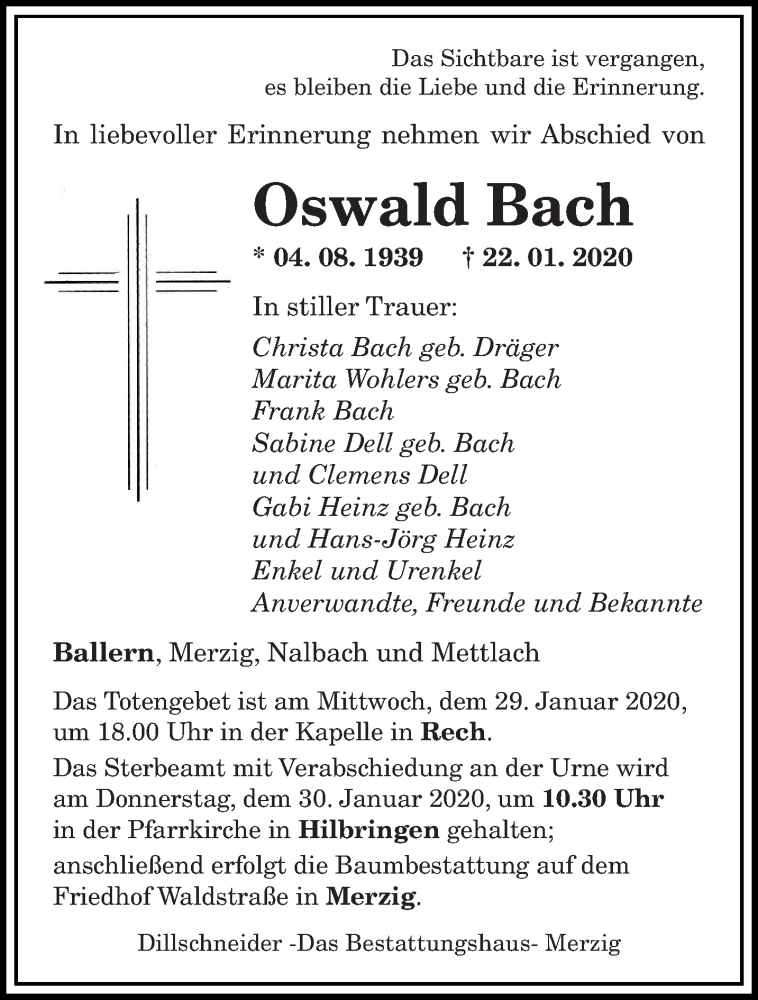 Traueranzeige für Oswald Bach vom 27.01.2020 aus saarbruecker_zeitung