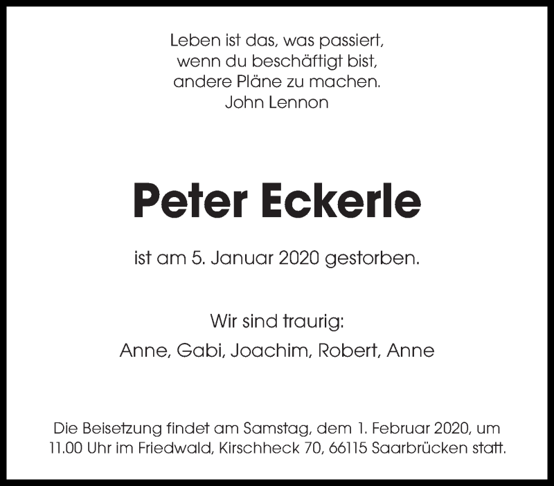  Traueranzeige für Peter Eckerle vom 18.01.2020 aus saarbruecker_zeitung