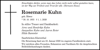 Traueranzeige von Rosemarie Kuhn von saarbruecker_zeitung