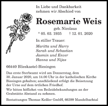 Traueranzeige von Rosemarie Weis von saarbruecker_zeitung