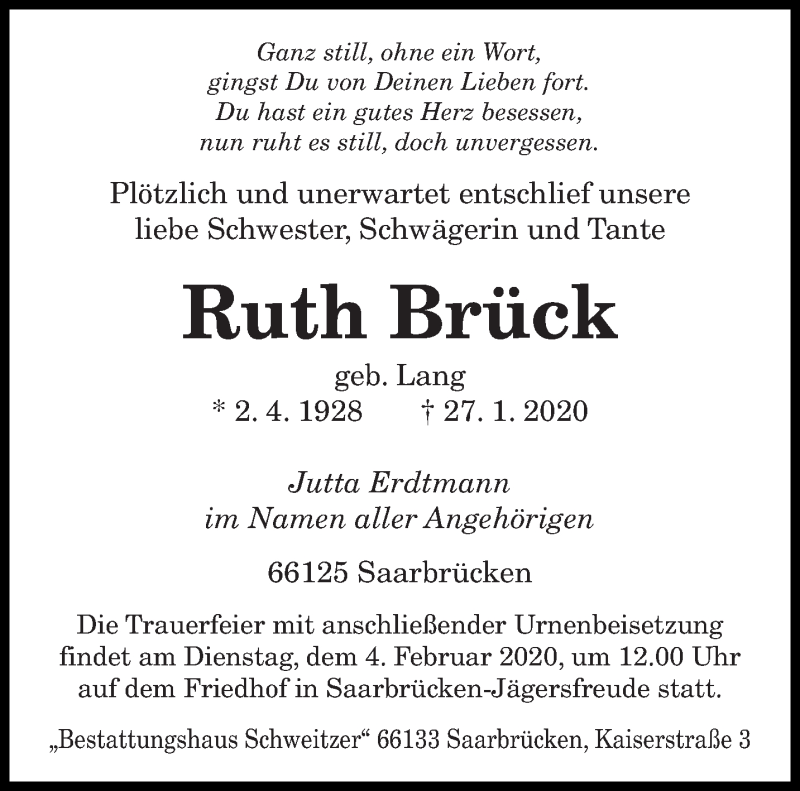  Traueranzeige für Ruth Brück vom 29.01.2020 aus saarbruecker_zeitung