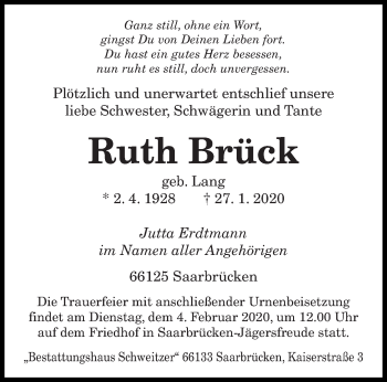 Traueranzeige von Ruth Brück von saarbruecker_zeitung
