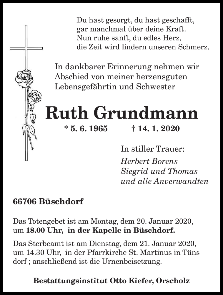  Traueranzeige für Ruth Grundmann vom 17.01.2020 aus saarbruecker_zeitung