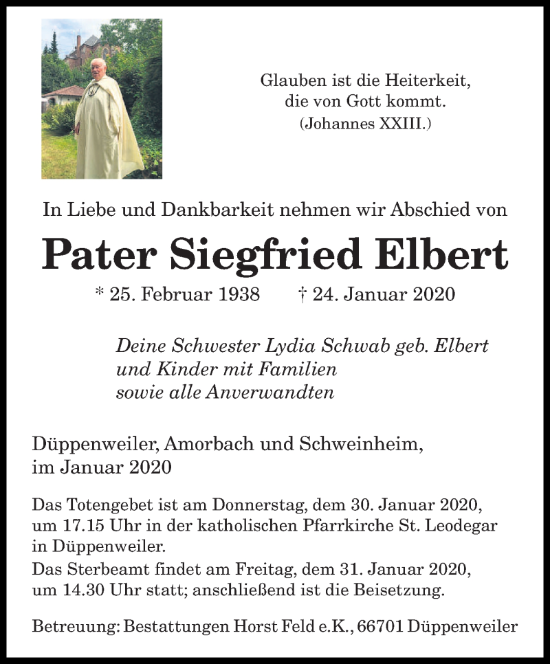 Traueranzeige für Siegfried Elbert vom 29.01.2020 aus saarbruecker_zeitung