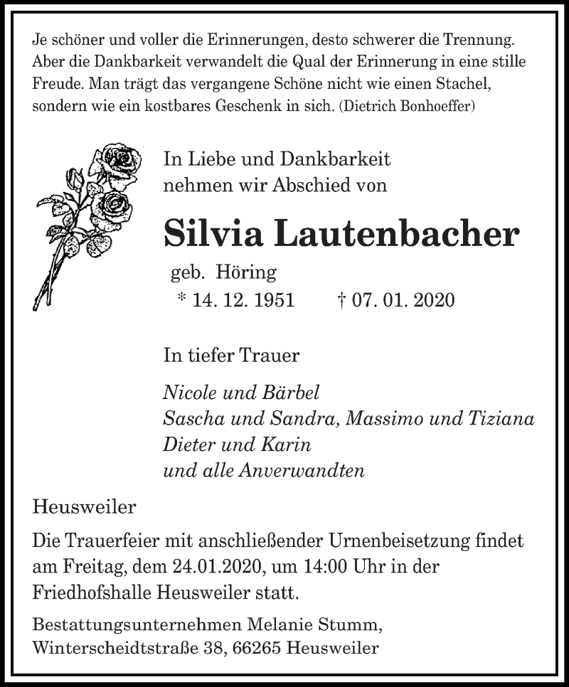  Traueranzeige für Silvia Lautenbacher vom 18.01.2020 aus saarbruecker_zeitung