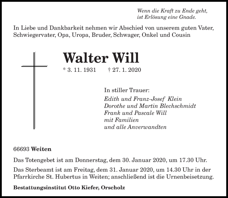  Traueranzeige für Walter Will vom 29.01.2020 aus saarbruecker_zeitung