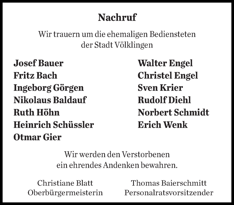  Traueranzeige für Wir trauern um die ehemaligen Bediensteten vom 11.01.2020 aus saarbruecker_zeitung