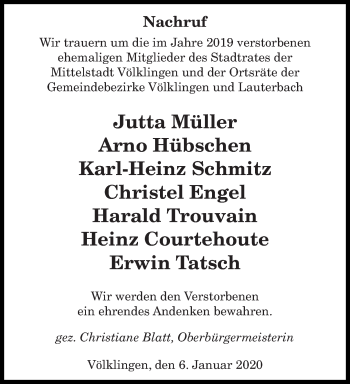 Traueranzeige von Wir trauern um die im Jahre 2019 verstorbenen ehemaligen Mitglieder des Stadtrates der von saarbruecker_zeitung