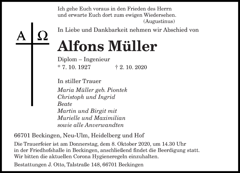  Traueranzeige für Alfons Müller vom 06.10.2020 aus saarbruecker_zeitung
